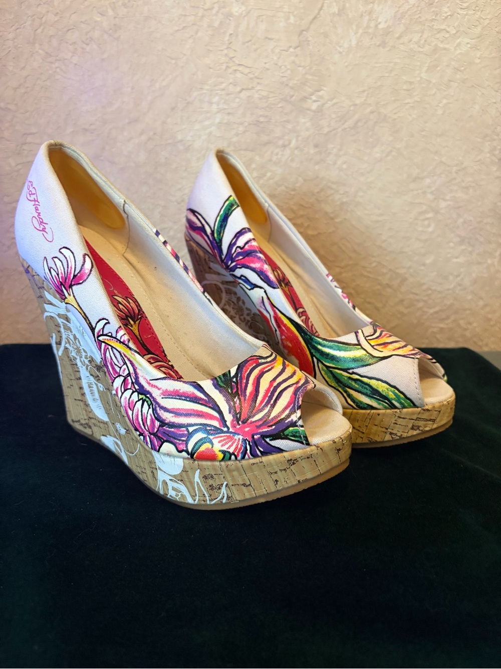 Ed Hardy Floral Peep-Toe Cork Wedges in White with Pink & Green